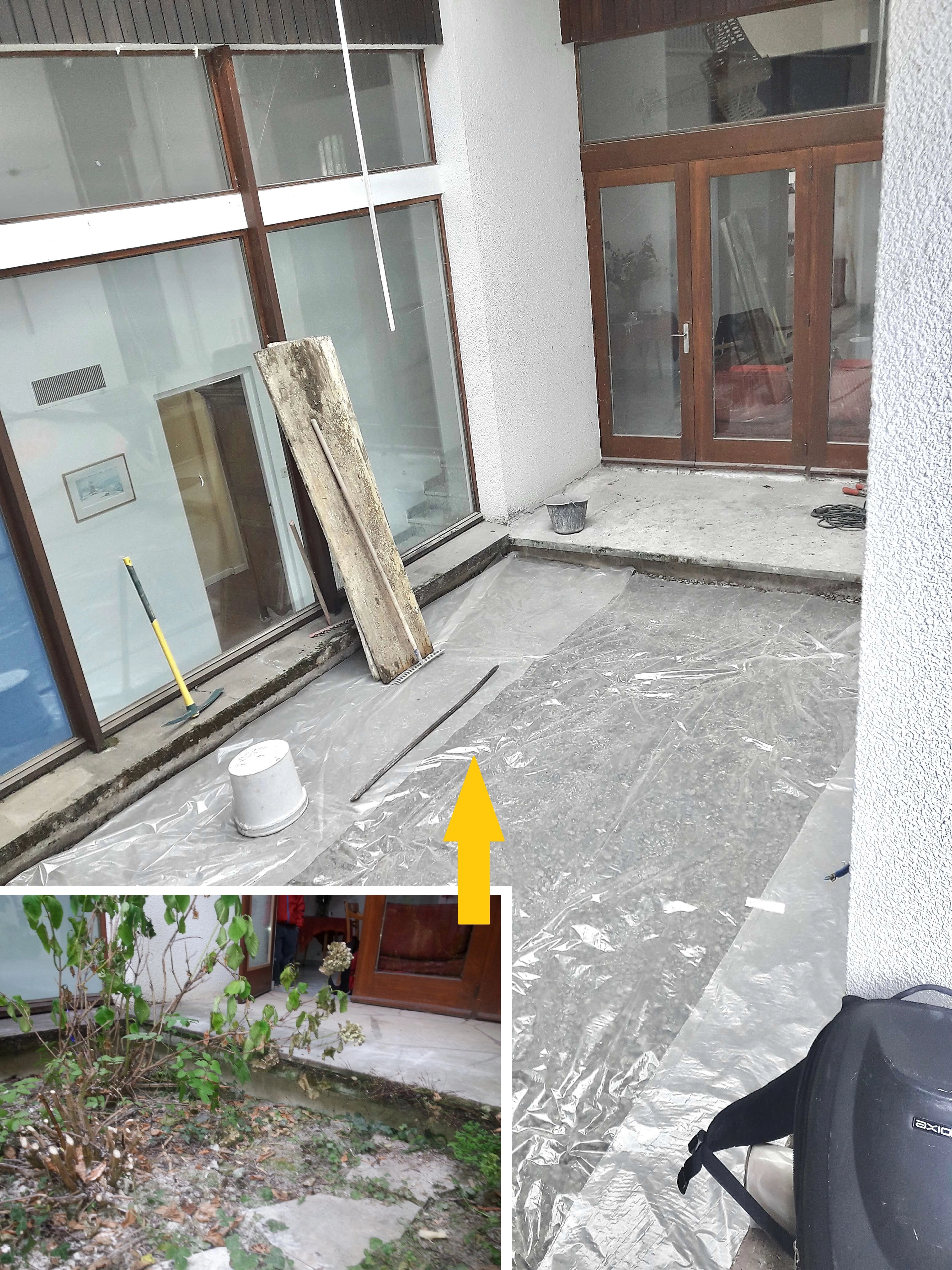 polyanne, préparation coulage dalle, ancien patio, biviers polyanne, préparation coulage dalle, ancien patio, biviers