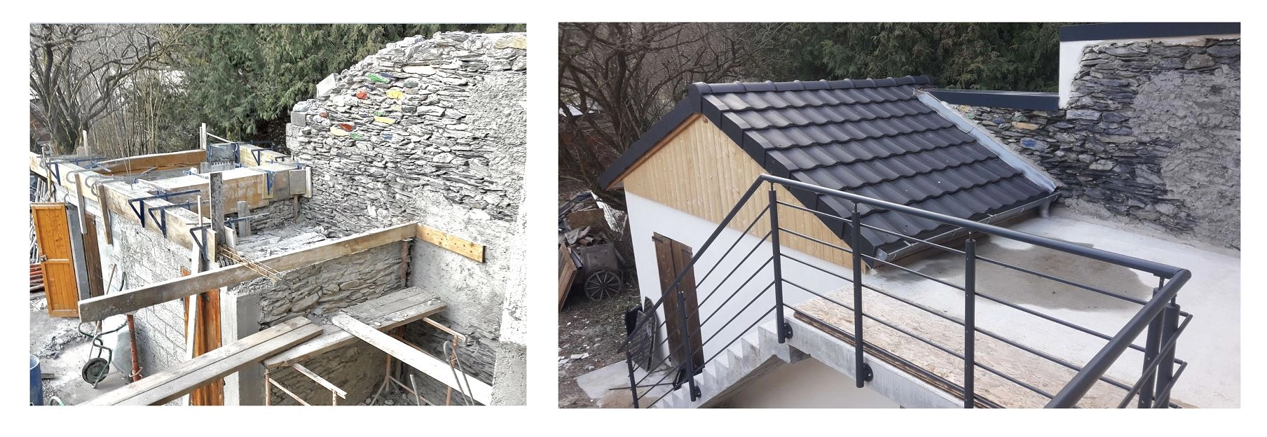 La démolition de la partie haute de l'annexe est faite. Les arasées sont en cours pour une reconstruction saine. démolition annexe arasées reconstruction saine maçonnerie